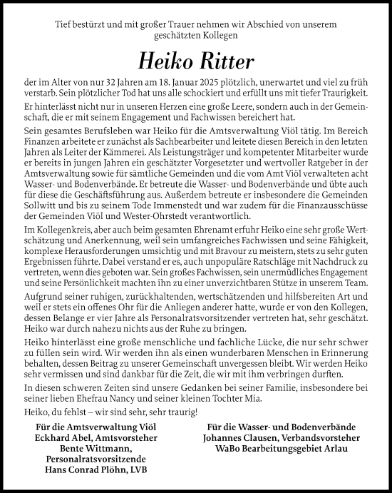 Traueranzeige von Heiko Ritter von Husumer Nachrichten, Nordfriesland Tageblatt