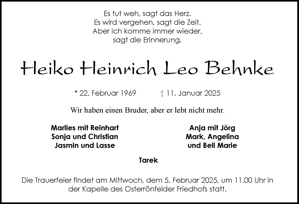  Traueranzeige für Heiko Heinrich Leo Behnke vom 25.01.2025 aus Schleswig-Holsteinische Landeszeitung