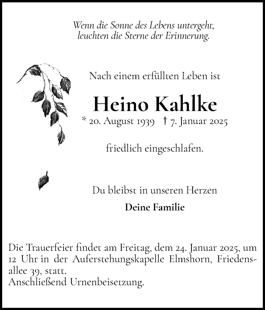  Traueranzeige für Heino Kahlke vom 18.01.2025 aus Elmshorner Nachrichten, Barmstedter Zeitung
