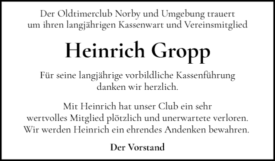 Traueranzeige von Heinrich Gropp von Schleswig-Holsteinische Landeszeitung