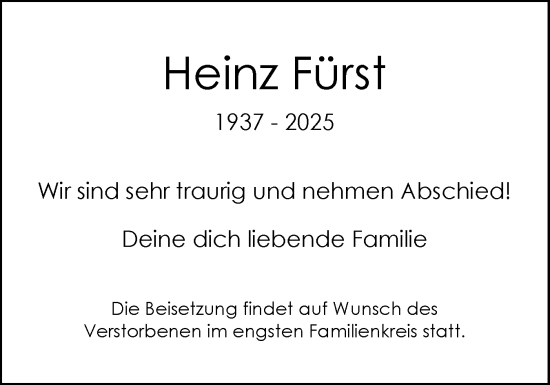 Traueranzeige von Heinz Fürst von Schleswig-Holsteinische Landeszeitung