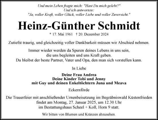 Traueranzeige von Heinz-Günther Schmidt von Eckernförder Zeitung, Hallo Eckernförde