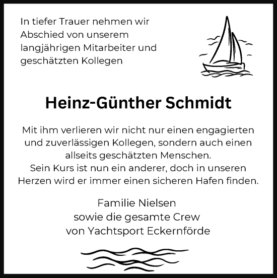 Traueranzeige von Heinz-Günther Schmidt von Eckernförder Zeitung, Hallo Eckernförde