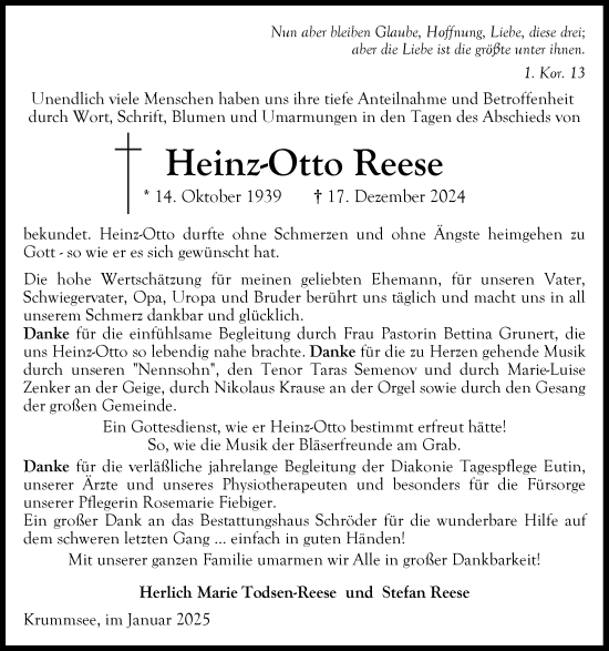 Traueranzeige von Heinz-Otto Reese von Norddeutsche Rundschau, Wilstersche Zeitung, Glückstädter Fortuna