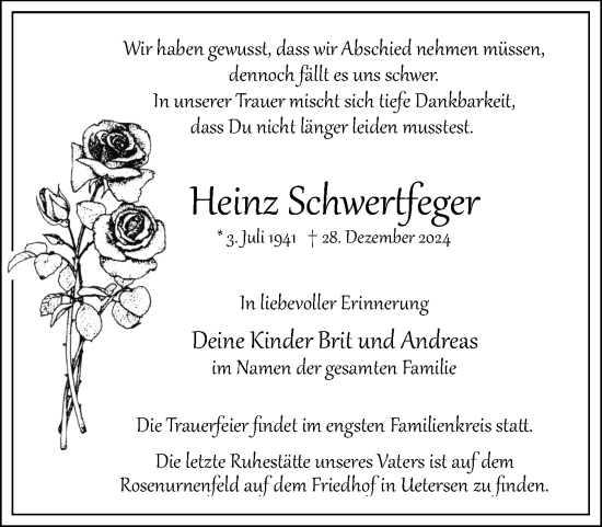 Traueranzeige von Heinz Schwertfeger von Uetersener Nachrichten, Der tip am Wochenende
