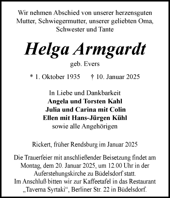 Traueranzeige von Helga Armgardt von Schleswig-Holsteinische Landeszeitung