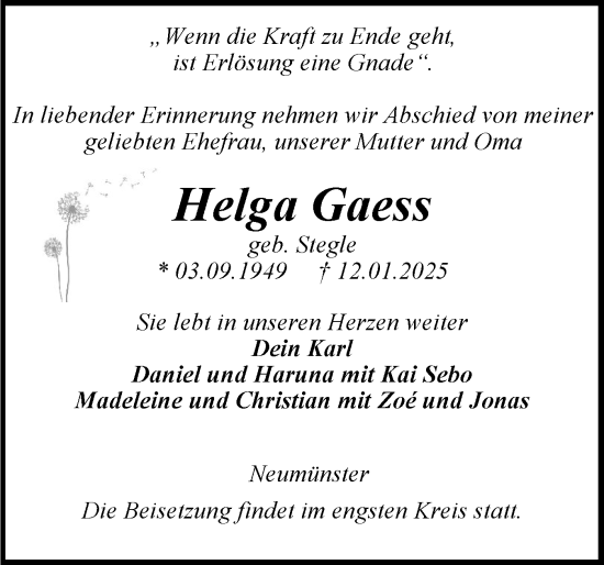 Traueranzeige von Helga Gaess von Holsteinischer Courier