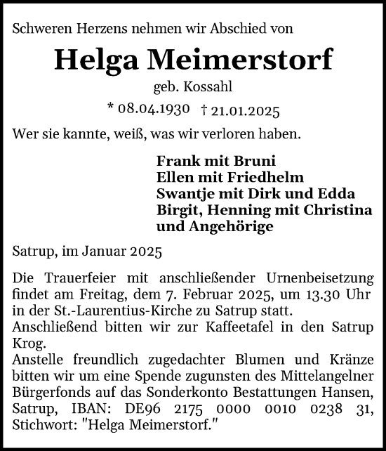 Traueranzeige von Helga Meimerstorf von Flensburger Tageblatt