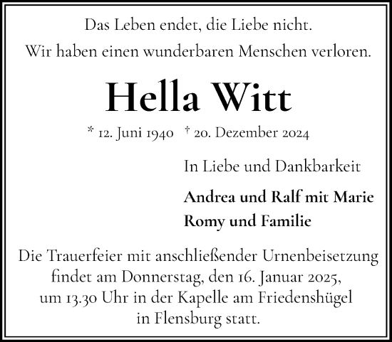 Traueranzeige von Hella Witt von Flensburger Tageblatt