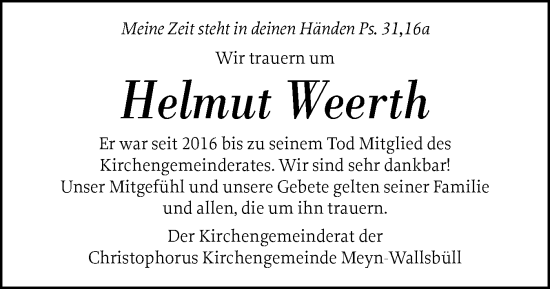 Traueranzeige von Helmut Weerth von Flensburger Tageblatt