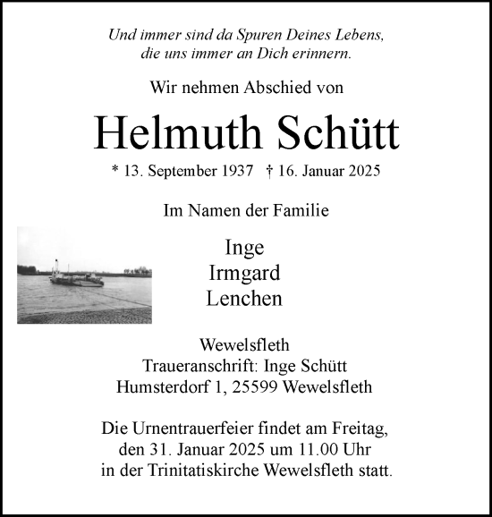 Traueranzeige von Helmuth Schütt von Norddeutsche Rundschau, Wilstersche Zeitung, Glückstädter Fortuna