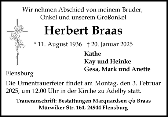 Traueranzeige von Herbert Braas von Flensburger Tageblatt