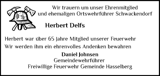 Traueranzeige von Herbert Delfs von Schleswiger Nachrichten, Schlei-Bote