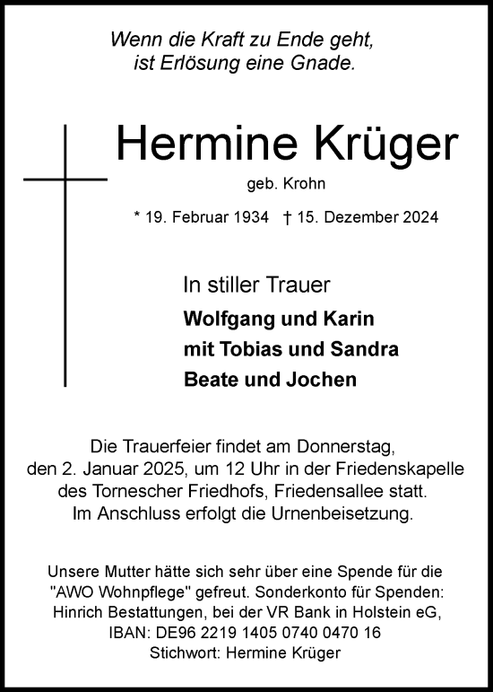 Traueranzeige von Hermine Krüger von Uetersener Nachrichten, Der tip am Wochenende