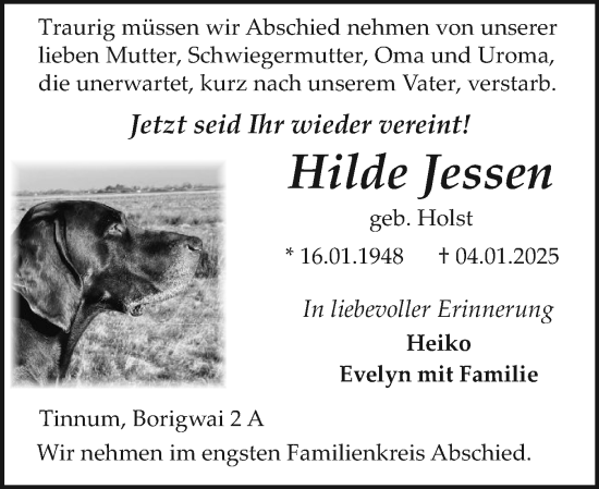 Traueranzeige von Hilde Jessen von Sylter Rundschau