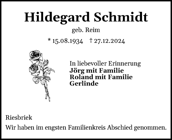 Traueranzeige von Hildegard Schmidt von Flensburger Tageblatt