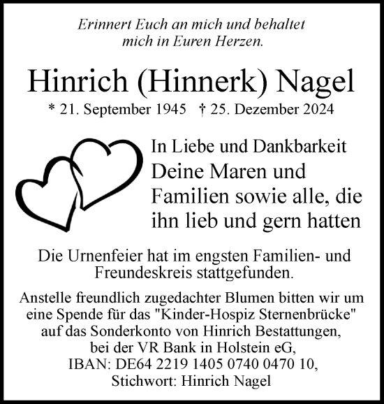 Traueranzeige von Hinrich Nagel von Uetersener Nachrichten, Der tip am Wochenende