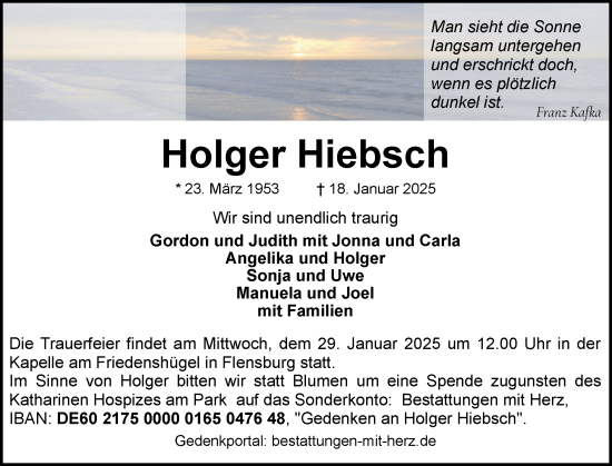 Traueranzeige von Holger Hiebsch von Flensburger Tageblatt