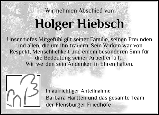 Traueranzeige von Holger Hiebsch von Flensburger Tageblatt