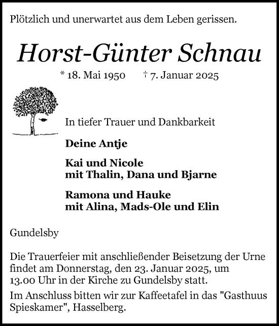 Traueranzeige von Horst-Günter Schnau von Flensburger Tageblatt, Schleswiger Nachrichten, Schlei-Bote