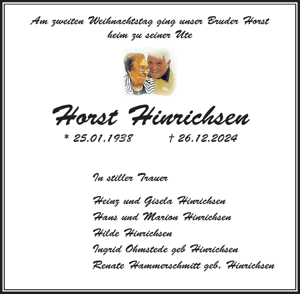  Traueranzeige für Horst Hinrichsen vom 04.01.2025 aus MARKT Ahrensburg/Bargteheide/Trittau und Stormarner Tageblatt
