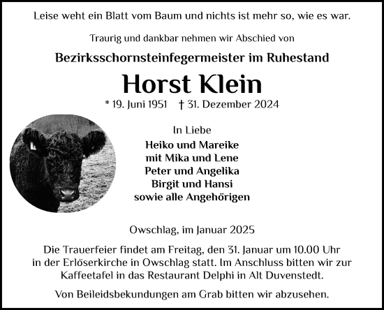 Traueranzeige von Horst Klein von Schleswig-Holsteinische Landeszeitung