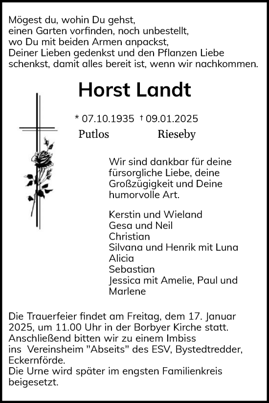 Traueranzeige von Horst Landt von Eckernförder Zeitung, Hallo Eckernförde