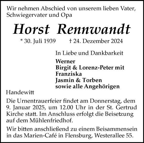 Traueranzeige von Horst Rennwandt von Flensburger Tageblatt