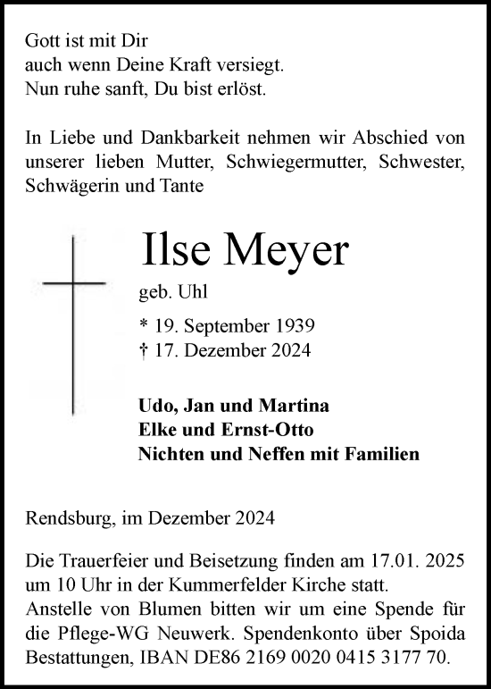 Traueranzeige von Ilse Meyer von Schleswig-Holsteinische Landeszeitung