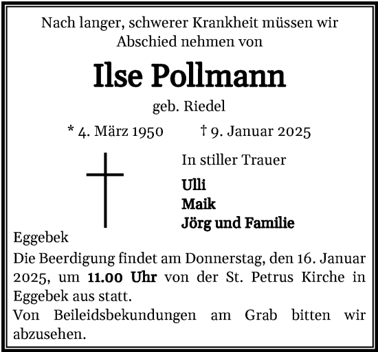 Traueranzeige von Ilse Pollmann von Flensburger Tageblatt