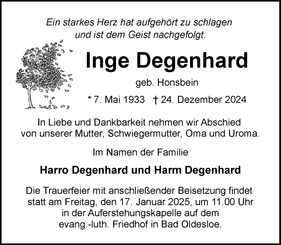 Traueranzeige von Inge Degenhard von MARKT Bad Oldesloe/Reinfeld und Stormarner Tageblatt