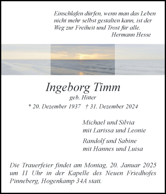 Traueranzeige von Ingeborg Timm von Region Pinneberg und tip Pinneberg