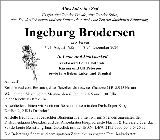 Traueranzeige von Ingeburg Brodersen von Region Flensburg