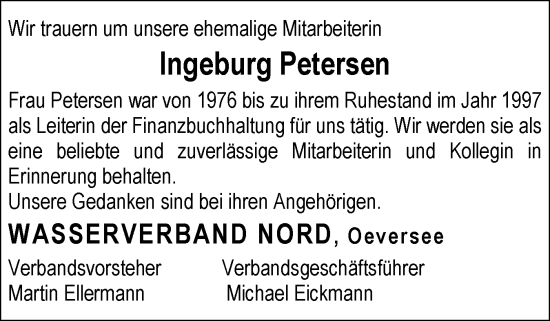 Traueranzeige von Ingeburg Petersen von Flensburger Tageblatt