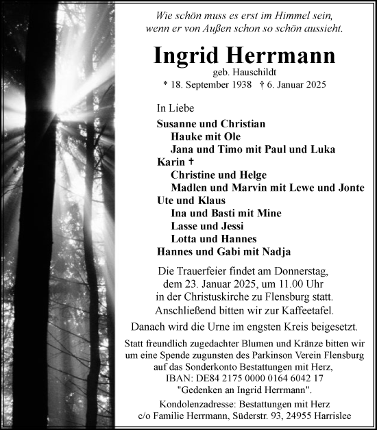 Traueranzeige von Ingrid Herrmann von Flensburger Tageblatt