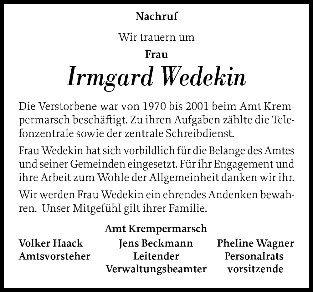  Traueranzeige für Irmgard Wedekin vom 10.01.2025 aus Norddeutsche Rundschau, Wilstersche Zeitung, Glückstädter Fortuna
