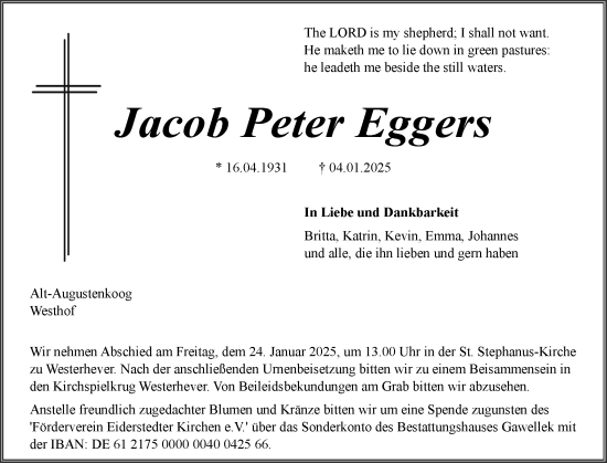 Traueranzeige von Jacob Peter Eggers von Husumer Nachrichten, Nordfriesland Tageblatt