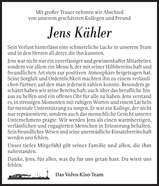 Traueranzeige von Jens Kähler von Schleswiger Nachrichten, Schlei-Bote