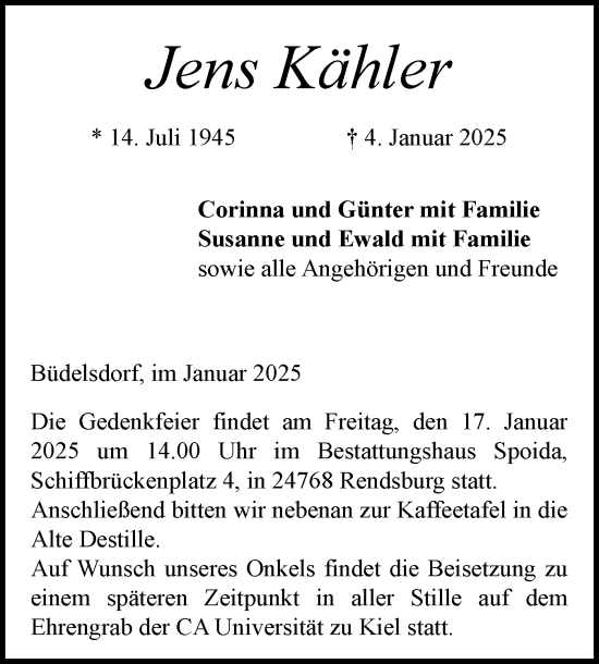 Traueranzeige von Jens Kähler von Schleswig-Holsteinische Landeszeitung
