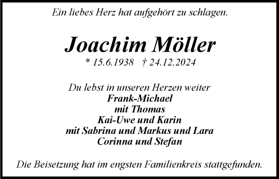 Traueranzeige von Joachim Möller von Holsteinischer Courier