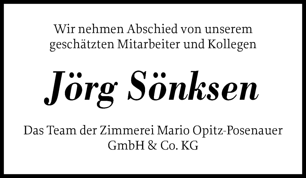  Traueranzeige für Jörg Sönksen vom 10.01.2025 aus Husumer Nachrichten, Nordfriesland Tageblatt