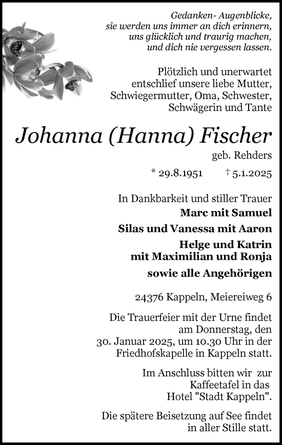 Traueranzeige von Johanna Fischer von Schleswiger Nachrichten, Schlei-Bote