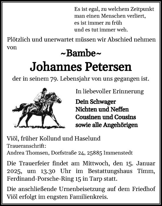 Traueranzeige von Johannes Petersen von Husumer Nachrichten, Nordfriesland Tageblatt