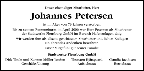 Traueranzeige von Johannes Petersen von Flensburger Tageblatt