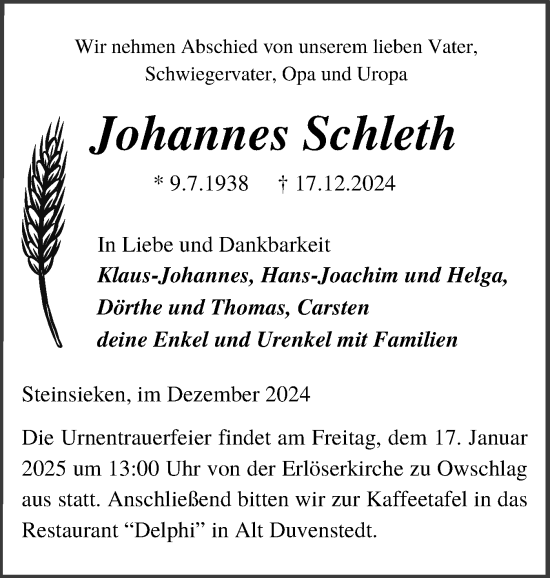 Traueranzeige von Johannes Schleth von Schleswig-Holsteinische Landeszeitung