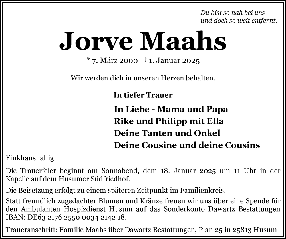  Traueranzeige für Jorve Maahs vom 11.01.2025 aus Husumer Nachrichten, Nordfriesland Tageblatt