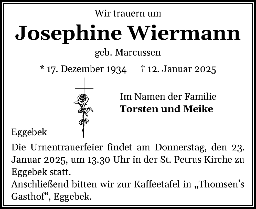  Traueranzeige für Josephine Wiermann vom 22.01.2025 aus Husumer Nachrichten, Nordfriesland Tageblatt