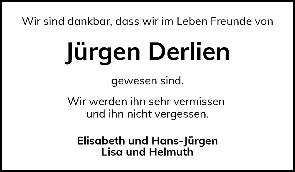  Traueranzeige für Jürgen Derlien vom 11.01.2025 aus Schleswig-Holsteinische Landeszeitung
