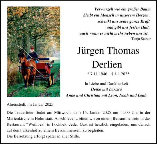 Traueranzeige von Jürgen Thomas Derlien von Schleswig-Holsteinische Landeszeitung