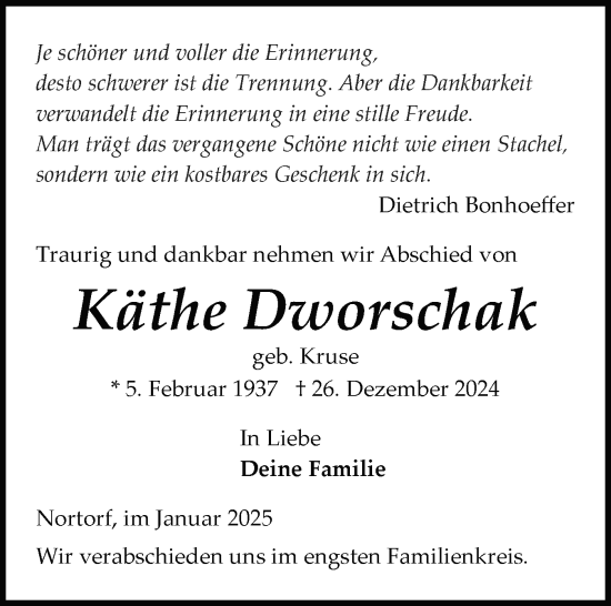 Traueranzeige von Käthe Dworschak von Schleswig-Holsteinische Landeszeitung